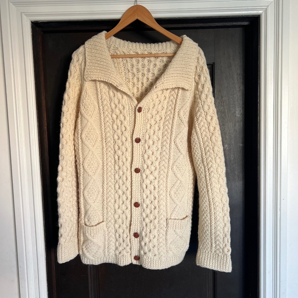 Vintage Cable Knit Irish Wool Chunky Fisherman Sweater Cardigan
